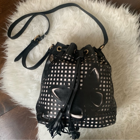 Sharif Handbags - Sharif black butterfly hobo bag lasercut grid detail gold hardware cinch close